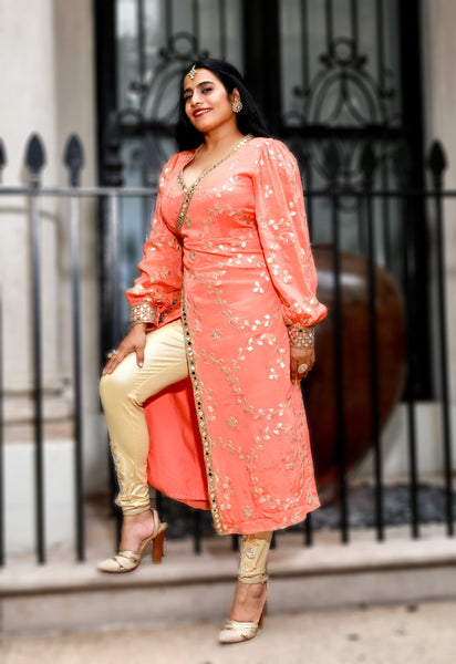 Mohini - Peach silky Gota Patti Dress.