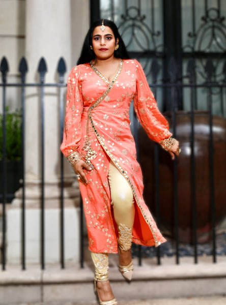 Mohini - Peach silky Gota Patti Dress.